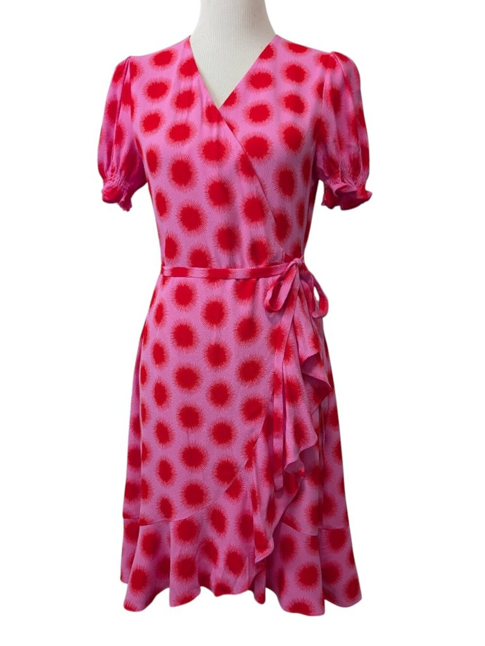Diane Von Furstenberg Womens Size M Emilia Pink Red Sun Print Ruffles Wrap Dress